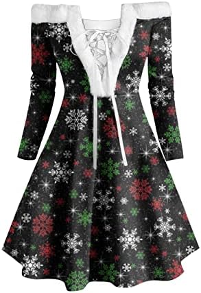 שמלות חג מולד לנשים שמלת צינור סטרפלס הדפס פתית שלג תחרה סקסית למעלה V צוואר וינטג 'שמלת התלקחות מסיבת חג המולד