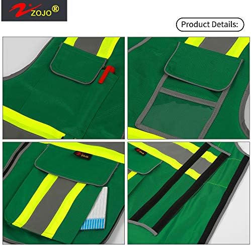 Zojo High ראות אפוד בטיחות, 5 יחידות, מהורהרות עם כיסים רב-פונקציונליים ורוכסנים, לגברים נשים עובדות