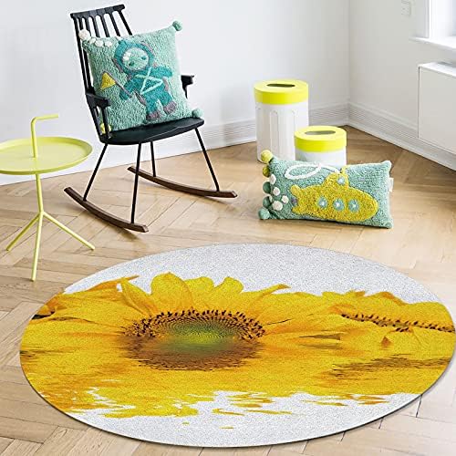 שטיח שטח עגול גדול לחדר שינה בסלון, שטיחים 6ft ללא החלקה לחדר ילדים, חמניות צהובה בקיץ עם השתקפות מים מחצלת רצפת שטיח רחיצה