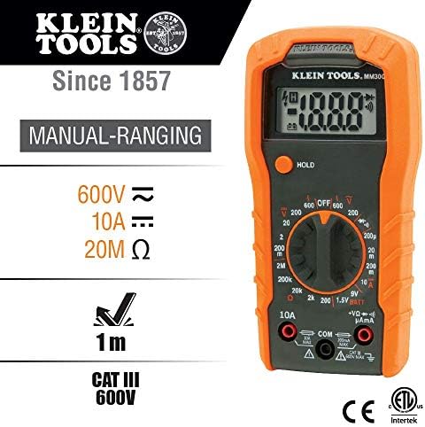 Klein Tools MM300 Multimeter, מד מתח ידני מדריך, סוללות בדיקות, AC/DC, זרם, התנגדות, דיודות והמשכיות, 600 וולט
