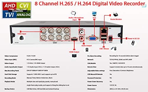 Evertech HD H.264/H.265 8 ערוץ היברידי DVR מקליט אבטחה עם כונן קשיח של 2TB, תואם למצלמות AHD/TVI/CVI/אנלוגיות