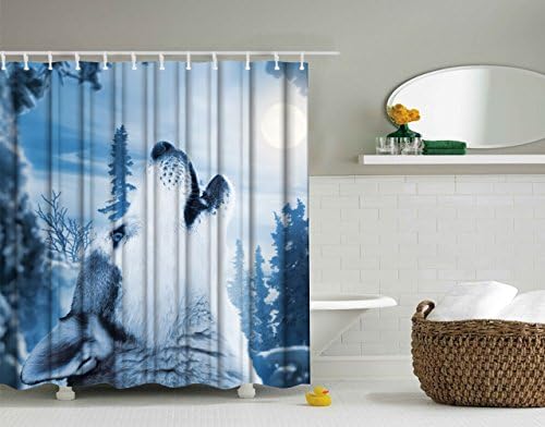 וילון מקלחת זאב טוב, בעלי חיים חיות בר אטום פוליאסטר אטום וילונות אמבטיה אמבטיה, 72 x 72 אינץ ', אפור כחול לבן