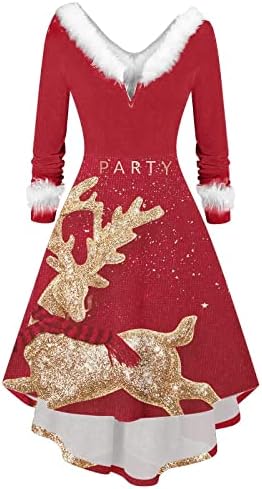 חג המולד בציר שמלת נשים עם צוואר ארוך שרוול גבוה נמוך שמלת פרוותי חורף ערב קוקטייל שמלת סנטה שמלות