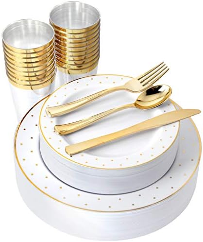 אני 00000 150 צלחות פלסטיק זהב יח &מגבר; כלי כסף &מגבר; כוסות זהב, כלי אוכל חד פעמי שפת נקודת זהב כולל: 25 צלחות