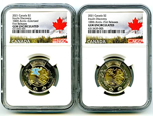CA 2021 קנדה 2 $ גילוי של אינסולין טוני משחרר לראשונה שני מטבעות תואמים CERT NGC GEM UNC