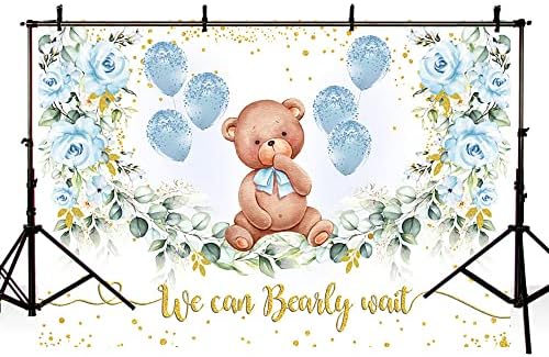מהופונד 7 * 5 רגל דוב ילד תינוק מקלחת מסיבת רקע כחול פרחוני צילום רקע זהב נצנצים נקודות תינוק כחול בלונים אנחנו יכולים לחכות