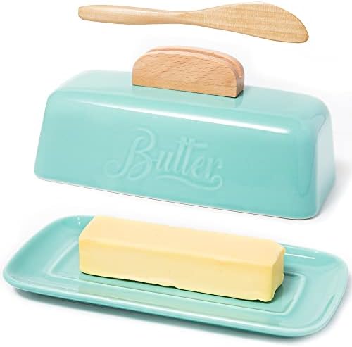 צלחת חמאה עם מכסה וסכין מחזיק חמאת קרמיקה לדלפק עיצוב ידית סכינים מסוגל מהדק, מושלם לחמאת החוף המערבי, Skyblue