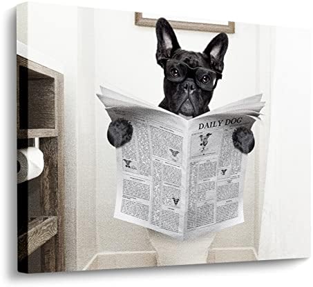 קיר כלבים מצחיק הדפס אמנות אמנות צרפתית בולדוג צרפתי קרא עיתונים יושבים על הדפסי פוסטר לשירותים על צביעת בד יצירות