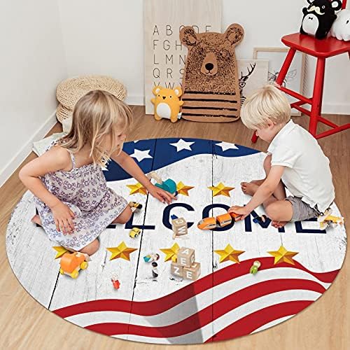 שטיח שטח עגול גדול לחדר שינה בסלון, שטיחים 6ft ללא החלקה לחדר לילדים, ברוך הבא דגל אמריקאי אדווה על מחצלת רצפת שטיחים