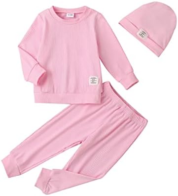 פעוטות פעוטות בגדי תינוקות בגד תלבושת שרוול ארוך סט הזיעה סט סולידי עליון+מכנסיים+כובע 3 יחידות