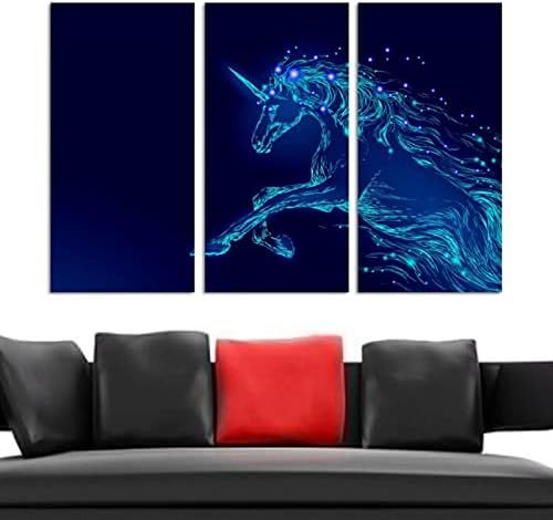 אמנות קיר לסלון, ציור שמן על בד גדול ממוסגר כחול זוהר יצירות אמנות חד קרן לעיצוב חדר שינה ביתי 24 x48