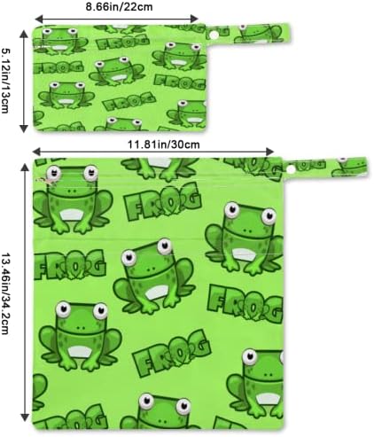 צפרדע ירוקה שקית יבשה רטובה לבגד ים חיתול בד, צפרדע מצוירת אטומה למים מארגן שקיות רטובות עם כיסים עם רוכסן וידית