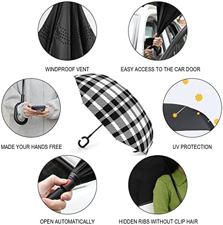 שחור לבן באפלו משובץ הדפסת הפוך מטרייה אטום רוח הפוך מתקפל מטרייה עם ג בצורת ידית עבור גברים נשים