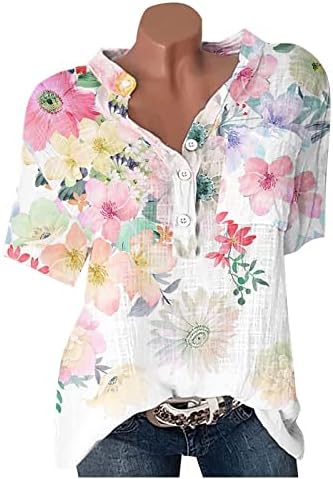 Jinf Womens כפתור על צמרות כותנה ופשתן, חולצה פרחונית מודפסת עם שרוול קצר עם חולצות טי לכיס לנשים רופפות