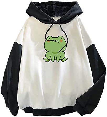 אטין חמוד צפרדע הסווטשרט עבור נשים של נערות ארוך שרוול טלאי חולצות קוואי צפרדע גרפי בסוודרים עם כיס