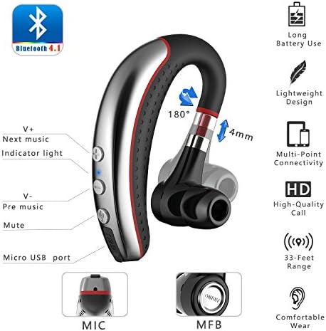 אוזניות Bluetooth של Shnoker, V5.0 אוזניות אוזניות עסקיות אלחוטיות אוזניות אוזניות אוזניות באוזן עם מיקרופון לעסקים/משרד/נהיגה/ריצה