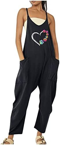 נשים מזדמנים ללא שרוולים הדפסת סרבל צוואר ספגטי רצועת סרבל נמתח ארוך מכנסיים רומפר עם כיסים
