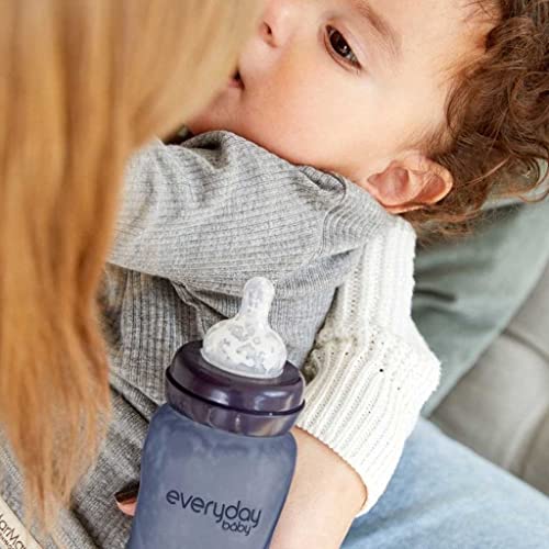 בקבוק תינוק זכוכית תינוק כל יום בריא + סיליקון מצופה, עם פונקצית חיישן חום ופטמת סיליקון נגד כאבי בטן, 150 מיליליטר, אוכמניות