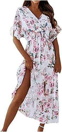 קיץ נשים קצר שרוול מקסי שמלה סקסי עמוק צוואר רופף פרחוני חוף שמלת זורם מזדמן מסיבת נדנדה ארוך שמלה עם חגורה