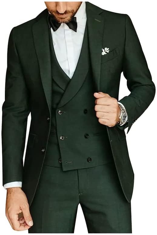 גברים 3 חלקים חליפה ירוקה כהה לגברים - שני כפתורים טוקסידו טוויד לגברים - אפוד מעיל שמלת כלה עם מכנס