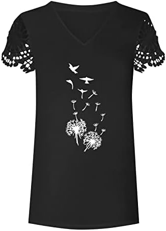נשים קיץ גרפי טיז חמניות הדפסת חולצות תחרה קצר שרוול צווארון חולצות מקרית רופף מתאים טוניקת חולצות