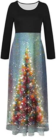 נשים מקסי שמלה ארוך שרוול חג המולד עץ גרפי הדפסת אימפריה מותניים שמלת חג המולד מזדמן צוות צוואר ארוך שמלות