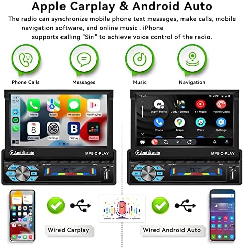 סטריאו לרכב יחיד עם Apple Carplay Android Auto Auto 7 אינץ 'מסך מגע מסך אוטומטי מסך מתיחה רדיו רדיו הפוך מכונית