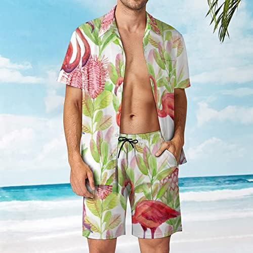 פרחי פרוטאה פלמינגו תלבושות חוף של גברים 2 חלקים כפתור הוואי למטה חולצה עם שרוול קצר וחליפות מכנסיים קצרים