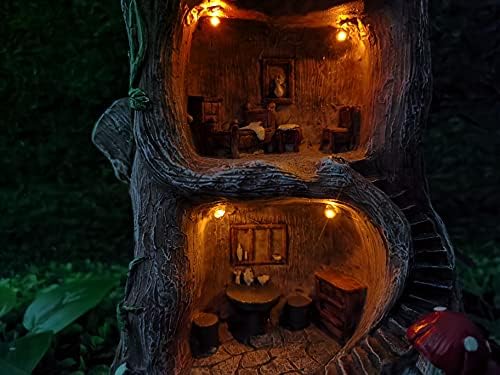 MARYTUMM אור סולארי בית עץ עץ - פסל פסלון טבעי מהנה עם אורות LED סולאריים לקישוטים לאמנות חיצונית מקורה, קישוטים