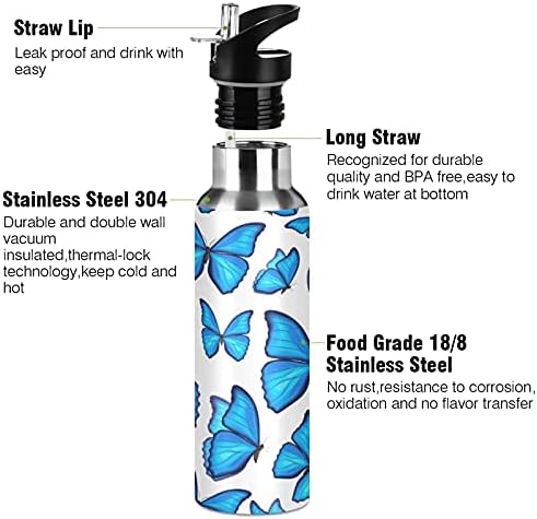 Xigua 22 עוז פרפרים כחולים בקבוק מים עם קש, בקבוק מים ספורט BPA חינם קנקני מים נירוסטה לחדר כושר, מטבח,