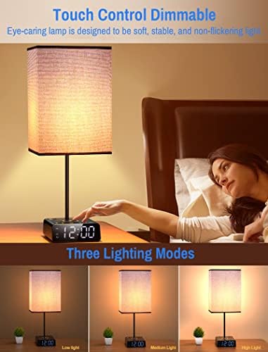 מנורת שולחן ליד מיטה, מנורת שולחן טעינה אלחוטית של 15 וולט עם 2 יציאות USB/ 2 שקעי AC, מנורה עם שעון, בקרת מגע עמרית מנורת