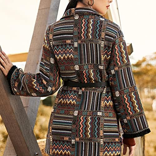 מעיל צמר של נשים וינטג 'מעילים בסגנון אתני מערבי אצטק הדפס כפתור רופף כפתור למטה חולצות תעלה עם חגורה