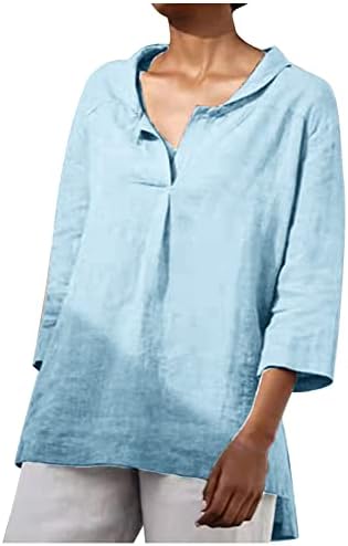 נשים של טוניקת חולצות קיץ מוצק צבע כותנה פשתן 3/4 שרוולים דש חולצה חולצות בתוספת גודל רופף מזדמן חולצה