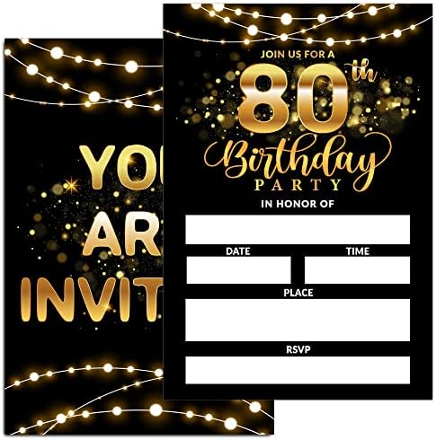 Xuoupiue הזמנות ליום הולדת 80 לאישה גבר, הזמנות למסיבת יום הולדת 80, הזמנות ליום הולדת למבוגרים בשחור וזהב, הזמנות ליום הולדת